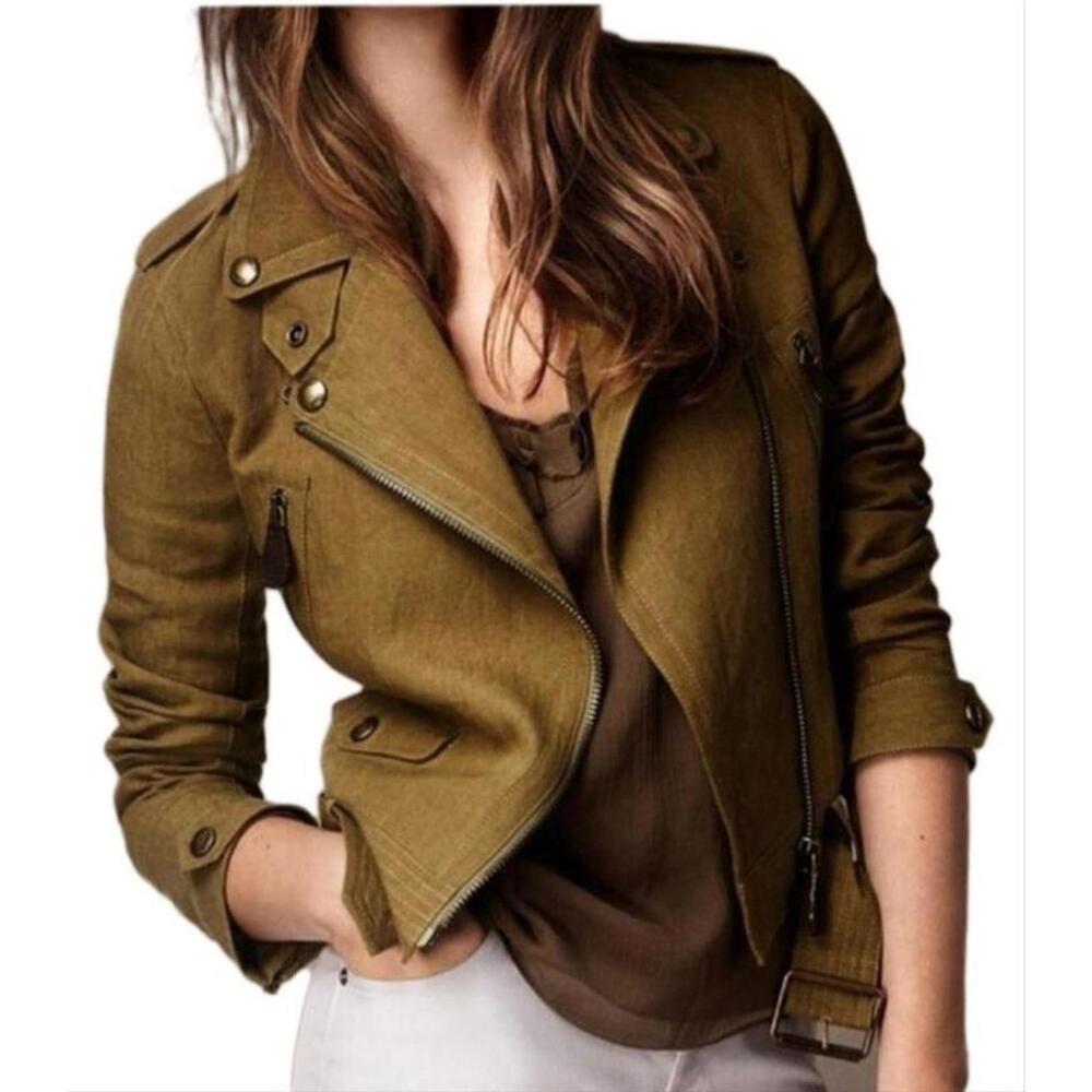 Burberry Brit Olive Green Linen Moto Biker Leather Jacket Size US6 MSRP $1250 - Picture 4 of 15